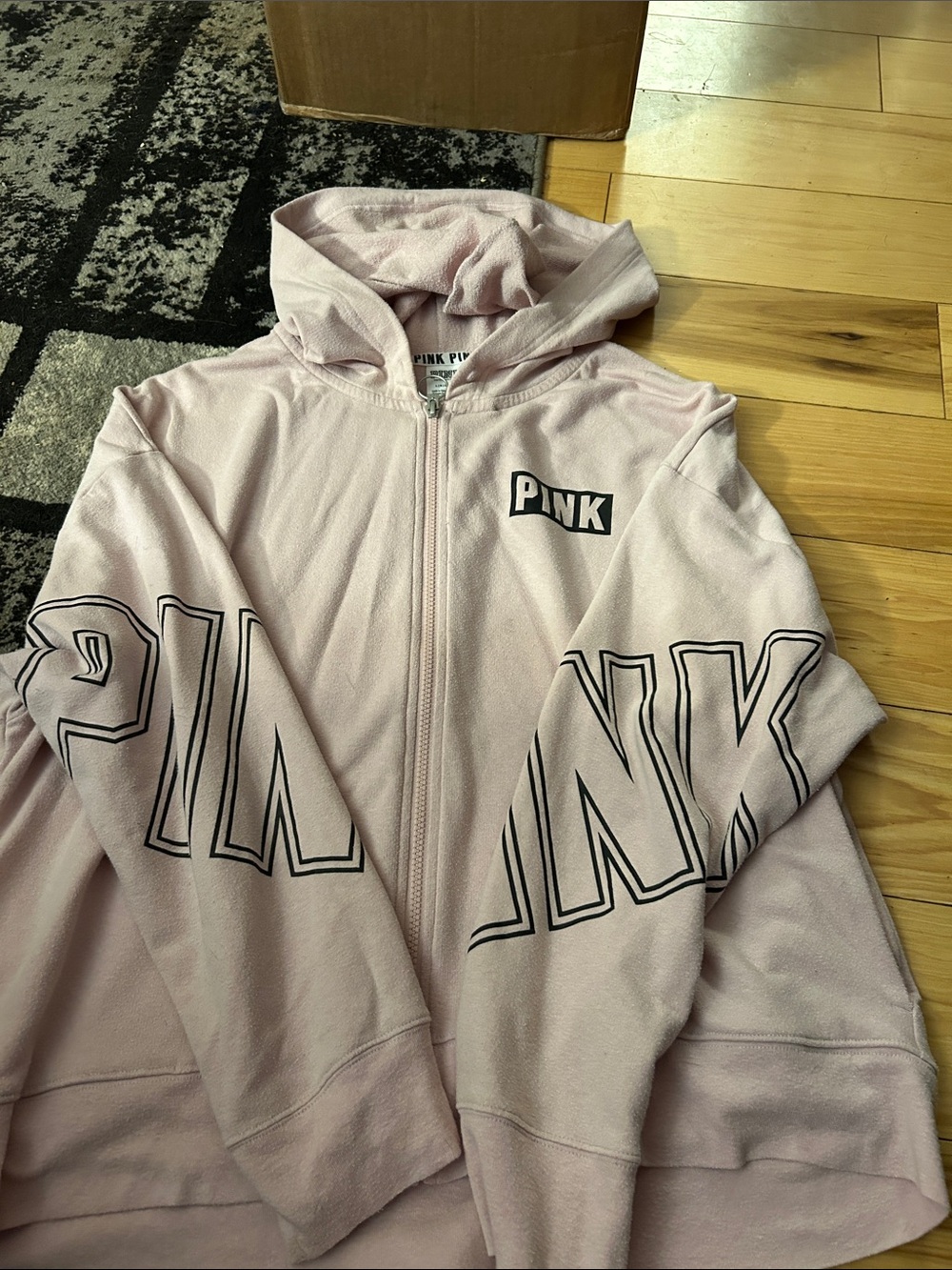 PINK Victoria's Secret Light Pink Full-Zip Hoodie with Logo Sleeve Graphics